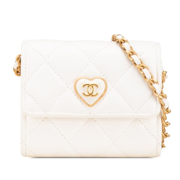 Pre-owned Chanel Quilted Lambskin Coco Love Card Holder On Chain White