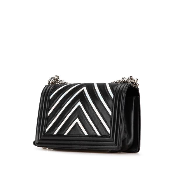 Pre-owned Chanel Old Medium Chevron Lambskin and Iridescent PVC Boy Flap Black