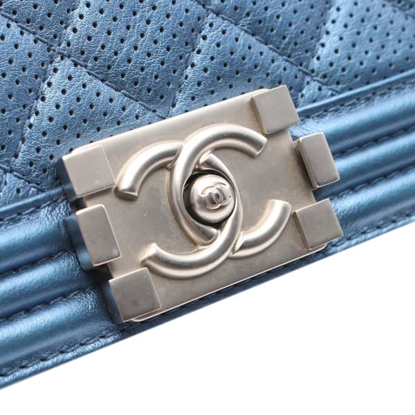 Pre-owned Chanel Small Quilted Perforated Metallic Lambskin Boy Flap Blue