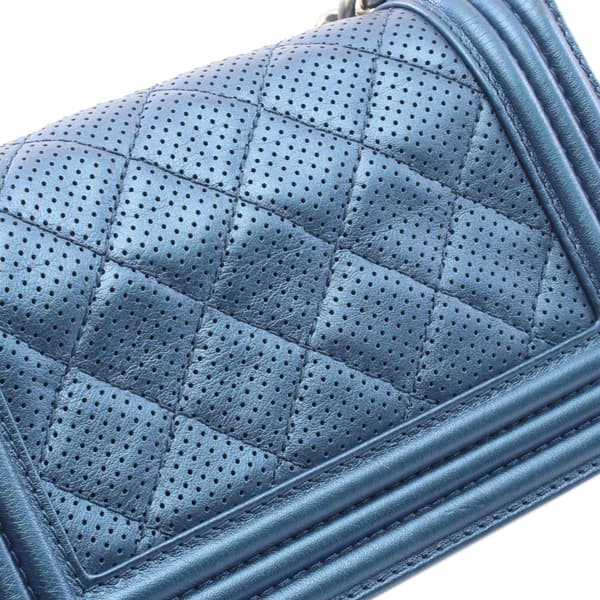 Pre-owned Chanel Small Quilted Perforated Metallic Lambskin Boy Flap Blue