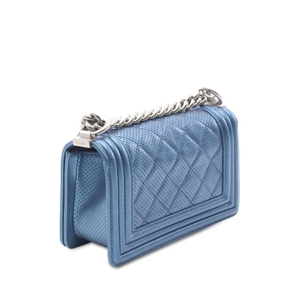 Pre-owned Chanel Small Quilted Perforated Metallic Lambskin Boy Flap Blue