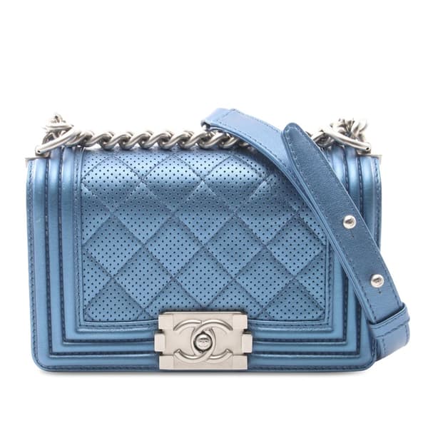 Pre-owned Chanel Small Quilted Perforated Metallic Lambskin Boy Flap Blue