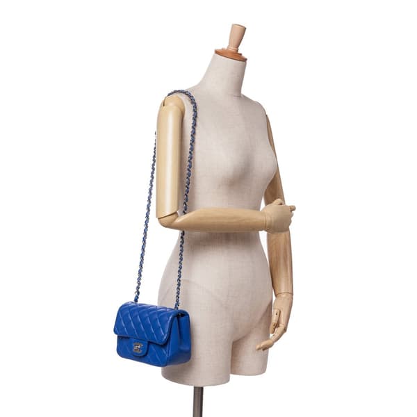 Pre-owned Chanel Mini Square Classic Lambskin Single Flap Blue