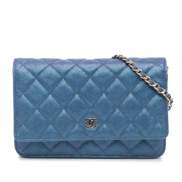 Pre-owned Chanel CC Quilted Iridescent Caviar Wallet on Chain Blue