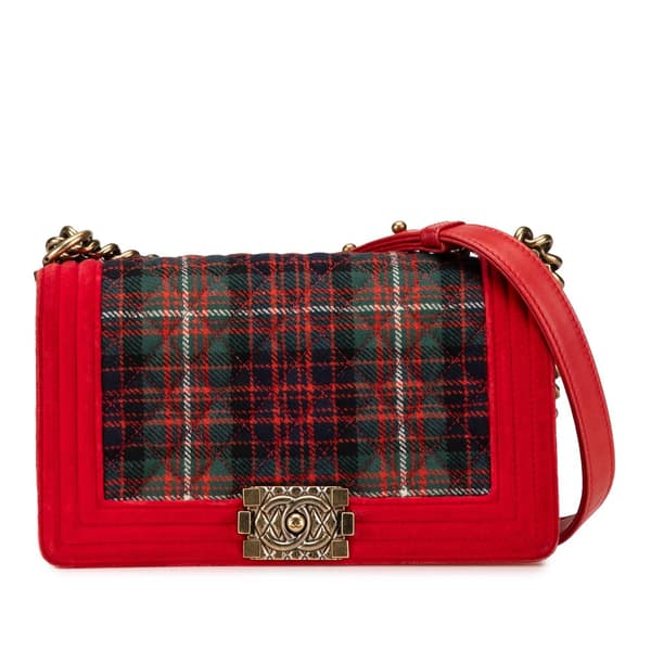 Pre-owned Chanel Old Medium Quilted Tweed and Velvet Boy Flap Red