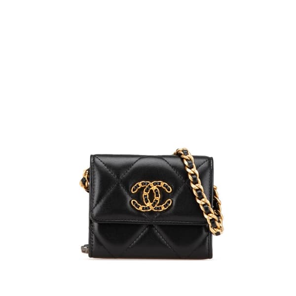 Pre-owned Chanel Quilted Lambskin Chanel 19 Card Holder On Chain Black