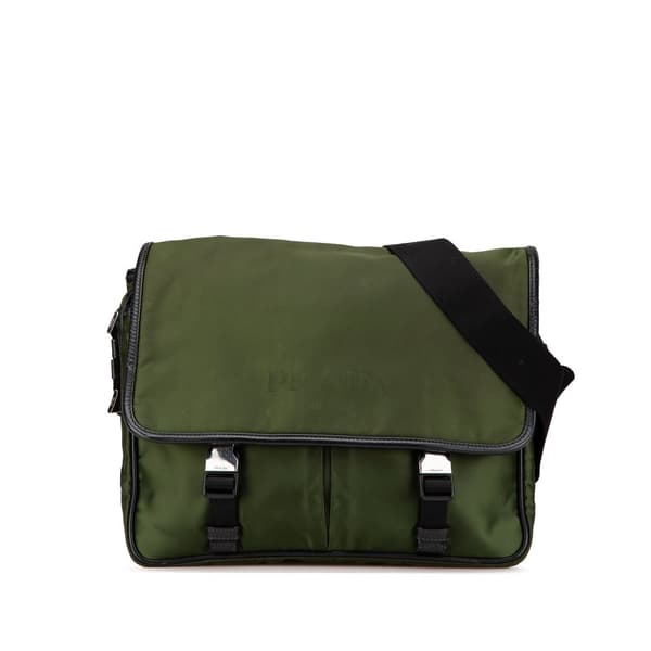 Pre-owned Prada Tessuto Double Buckle Messenger Bag Green