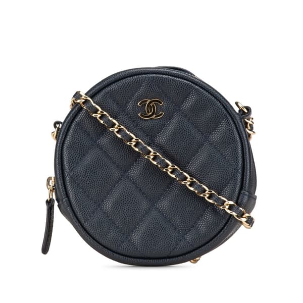 Pre-owned Chanel CC Quilted Caviar Round Clutch With Chain Blue