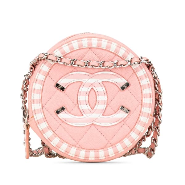 Pre-owned Chanel Caviar Striped CC Filigree Round Crossbody Pink