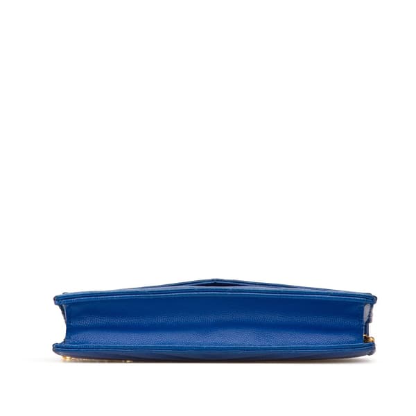 Pre-owned Saint Laurent Grain De Poudre Matelasse Chevron Monogram Chain Wallet Blue