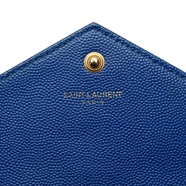 Pre-owned Saint Laurent Grain De Poudre Matelasse Chevron Monogram Chain Wallet Blue