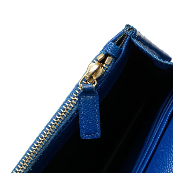 Pre-owned Saint Laurent Grain De Poudre Matelasse Chevron Monogram Chain Wallet Blue