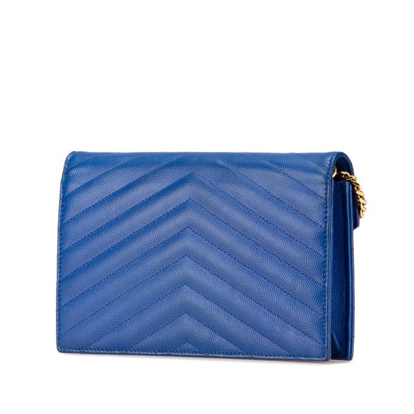 Pre-owned Saint Laurent Grain De Poudre Matelasse Chevron Monogram Chain Wallet Blue