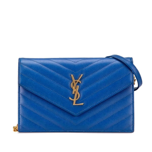 Pre-owned Saint Laurent Grain De Poudre Matelasse Chevron Monogram Chain Wallet Blue