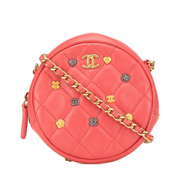 Pre-owned Chanel Quilted Lambskin Lucky Charms Round Clutch with Chain Pink