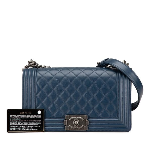 Pre-owned Chanel Old Medium Quilted Caviar Boy Flap Blue