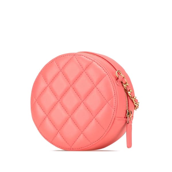 Pre-owned Chanel CC Quilted Lambskin Pearl Crush Round Clutch with Chain Pink