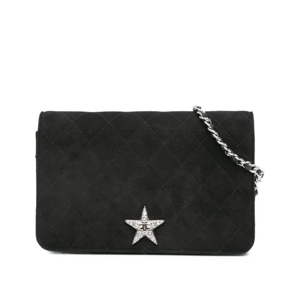 Pre-owned Chanel Quilted Suede Cocostellar Wallet on Chain Black