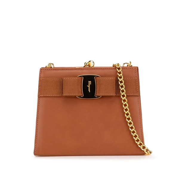 Pre-owned Ferragamo Vara Leather Chain Crossbody Brown