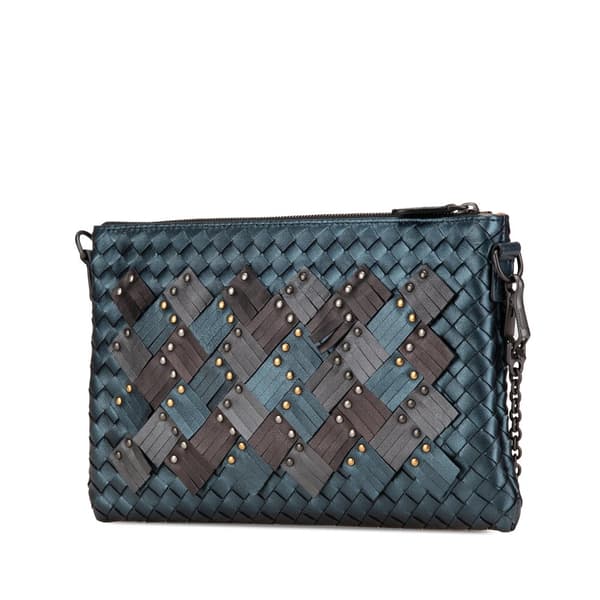 Pre-owned Bottega Veneta Nappa Intrecciato Studded Biletto Chain Crossbody Blue