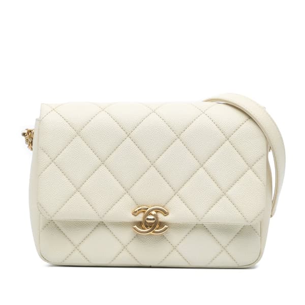 Pre-owned Chanel Small Quilted Caviar Chain Melody Flap White