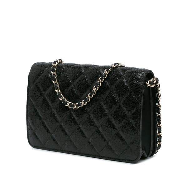 Pre-owned Chanel Quilted Crackled Patent Calfskin Pearl Wallet On Chain Black