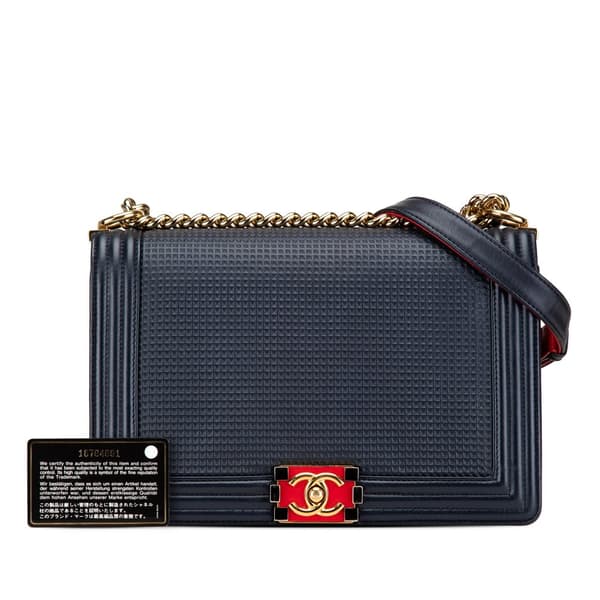 Pre-owned Chanel Medium Lambskin Embossed Cube Boy Flap Blue