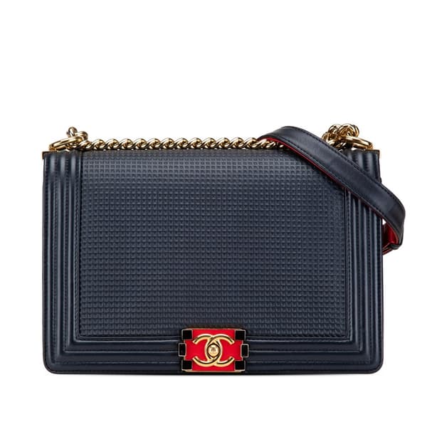 Pre-owned Chanel Medium Lambskin Embossed Cube Boy Flap Blue