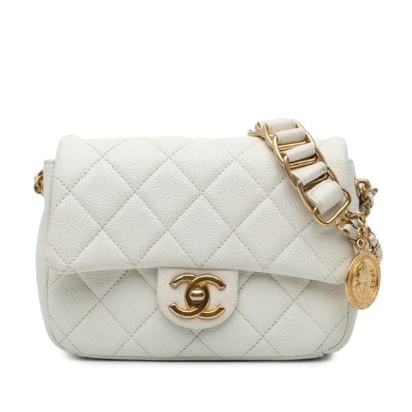 Pre-owned Chanel Mini Quilted Caviar Chain Soul Flap White