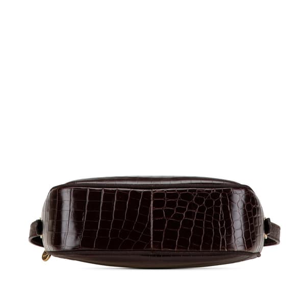 Pre-owned Ferragamo Croc Embossed Calfskin Vara Crossbody Brown