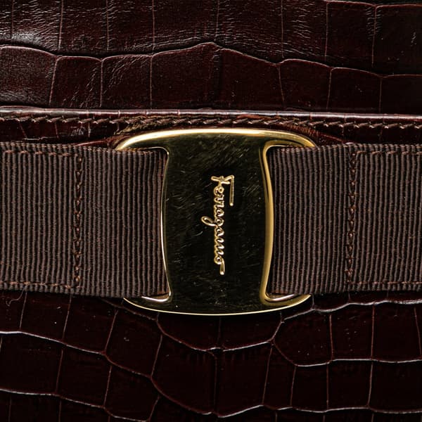 Pre-owned Ferragamo Croc Embossed Calfskin Vara Crossbody Brown