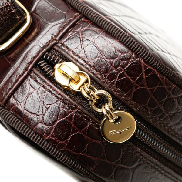 Pre-owned Ferragamo Croc Embossed Calfskin Vara Crossbody Brown
