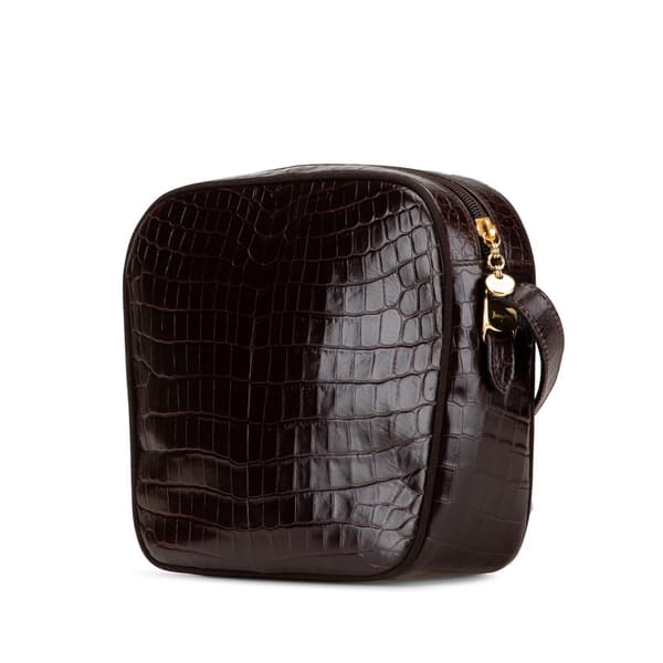 Pre-owned Ferragamo Croc Embossed Calfskin Vara Crossbody Brown