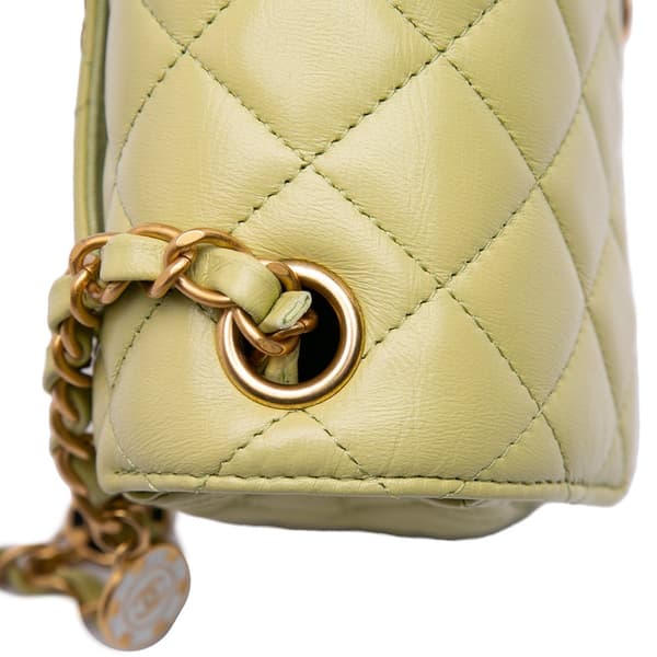 Pre-owned Chanel Mini Square Lambskin Casino Royale Charms Single Flap Green