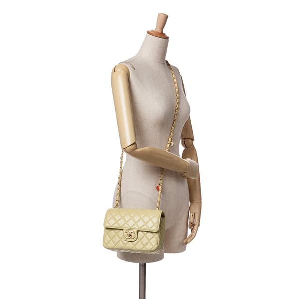 Pre-owned Chanel Mini Square Lambskin Casino Royale Charms Single Flap Green