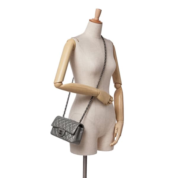 Pre-owned Chanel Mini Rectangular Classic Lambskin Single Flap Silver