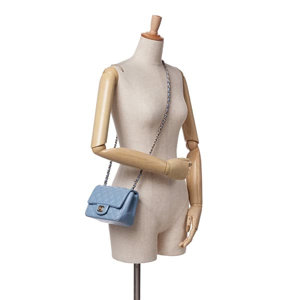 Pre-owned Chanel Mini Square Classic Lambskin Single Flap Blue