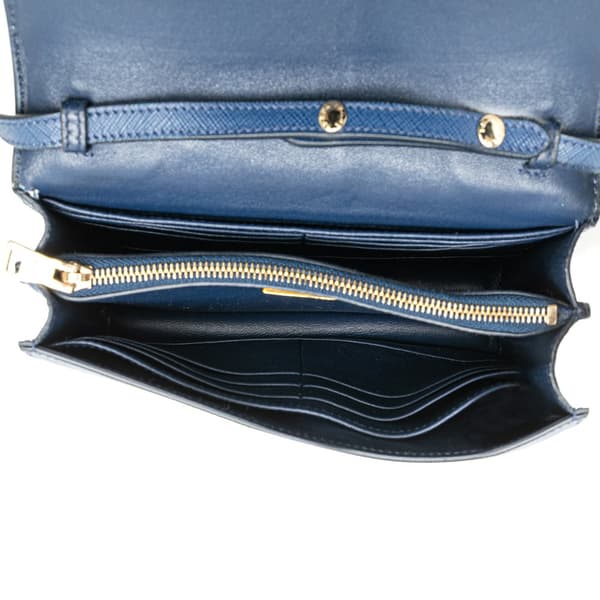 Pre-owned Prada Saffiano Lux Bow Wallet On Strap Blue