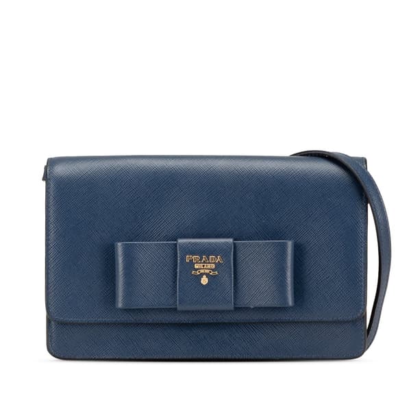 Pre-owned Prada Saffiano Lux Bow Wallet On Strap Blue