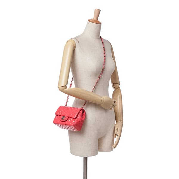 Pre-owned Chanel Mini Square Classic Patent Single Flap Red