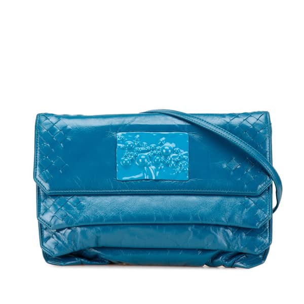 Pre-owned Bottega Veneta Soft Patent Intrecciato Three Flap Clutch with Strap Blue