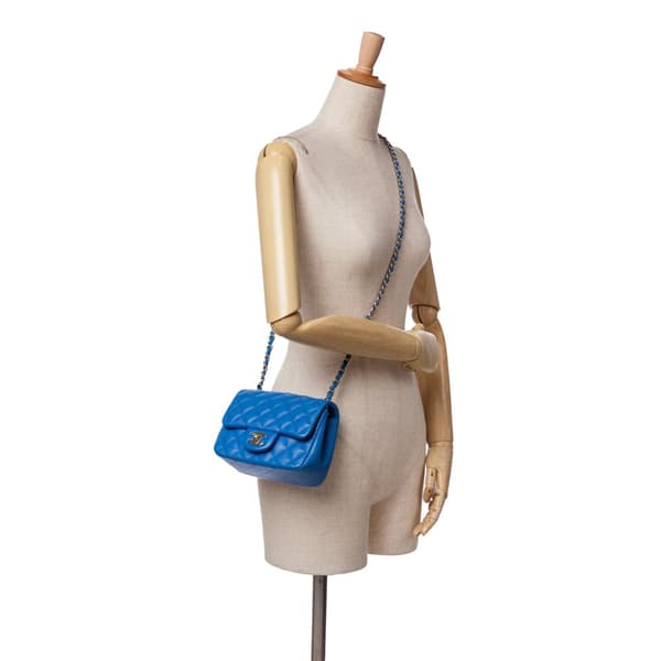 Pre-owned Chanel Mini Square Classic Lambskin Single Flap Blue