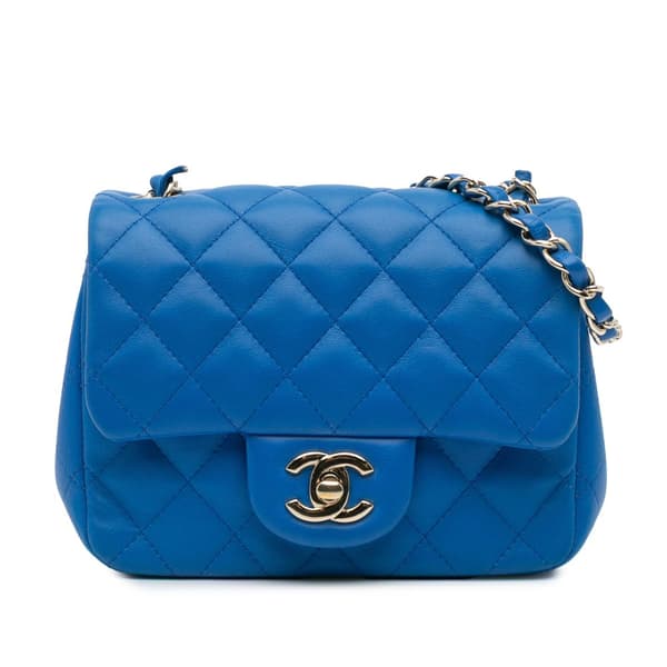 Pre-owned Chanel Mini Square Classic Lambskin Single Flap Blue