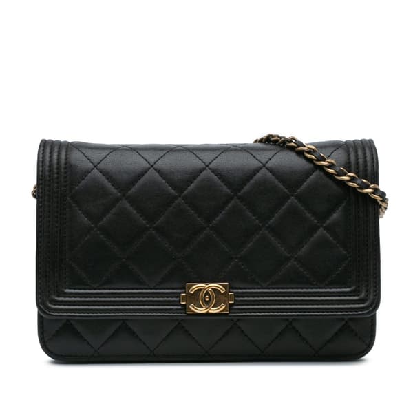 Pre-owned Chanel Lambskin Boy Wallet On Chain Black