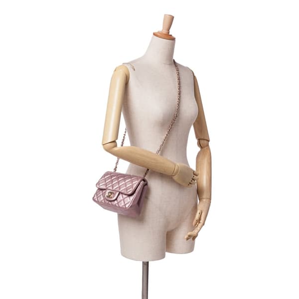 Pre-owned Chanel Mini Square Classic Metallic Calfskin Single Flap Pink