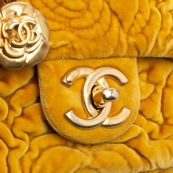 Pre-owned Chanel Mini Square Velvet Camellia Embossed Flap Yellow