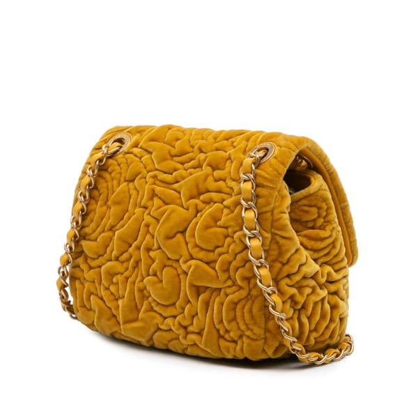 Pre-owned Chanel Mini Square Velvet Camellia Embossed Flap Yellow