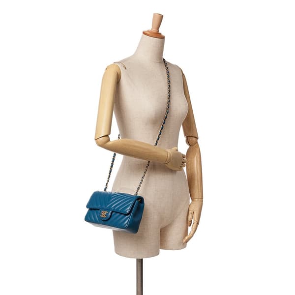 Pre-owned Chanel Mini Rectangular Classic Chevron Lambskin Single Flap Blue