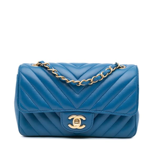 Pre-owned Chanel Mini Rectangular Classic Chevron Lambskin Single Flap Blue