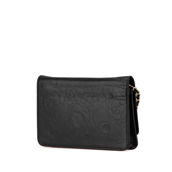 Pre-owned Chanel Lambskin Camellia Embossed Wallet On Chain Black